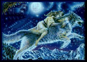 woman riding wolf